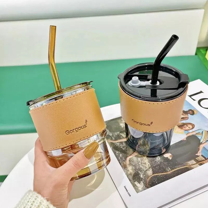 (BOW) Gelas Kopi Tumbler Kaca Susu Teh Aesthetic Gelas Minum Bening Dengan Kulit Case Anti Panas