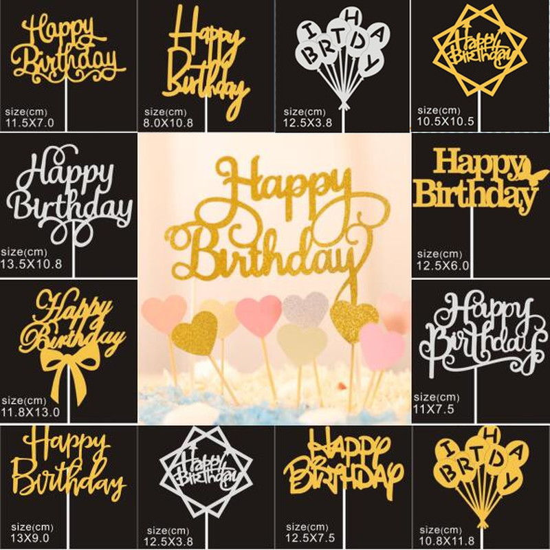 We Flower 1pc Topper Kue Tulisan Happy Birthday Warna Gold / Silver Untuk Dekorasi Pesta