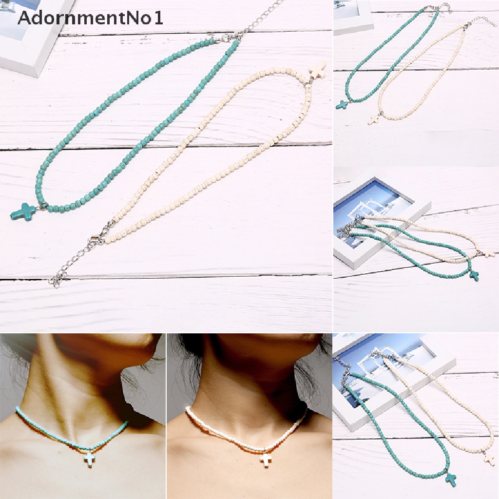 (AdornmentNo1) Kalung Choker Rantai Fashion Gaya Bohemia Motif Salib + Batu Turquoise Untuk Wanita / Pantai