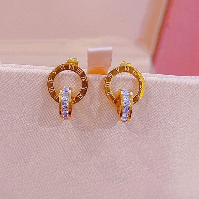 Anting Tusuk Titanium Romawi Zirkon Anti Karat Perhiasan Wanita Fahion Korea