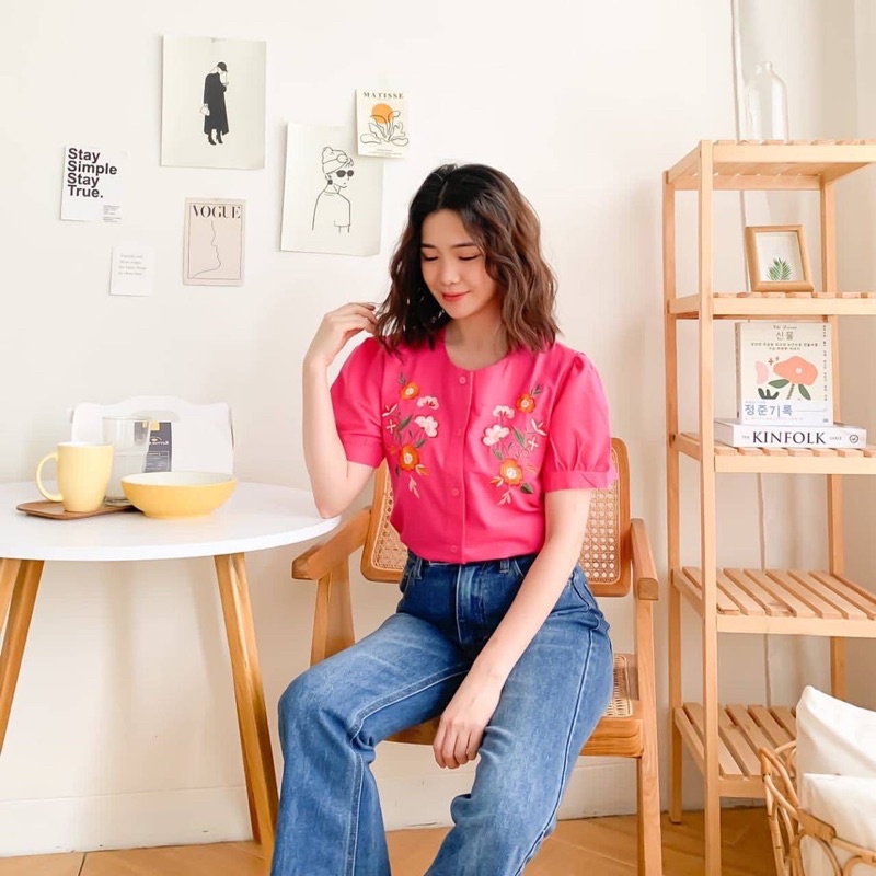 BEZZY TOP BAJU ATASAN BLOUSE WANITA LENGAN PENDEK BAHAN KATUN COTTON RAMI BUNGA DARK BLUE YELLOW TOSCA GREEN FUCHSIA SHOCKING PINK-6