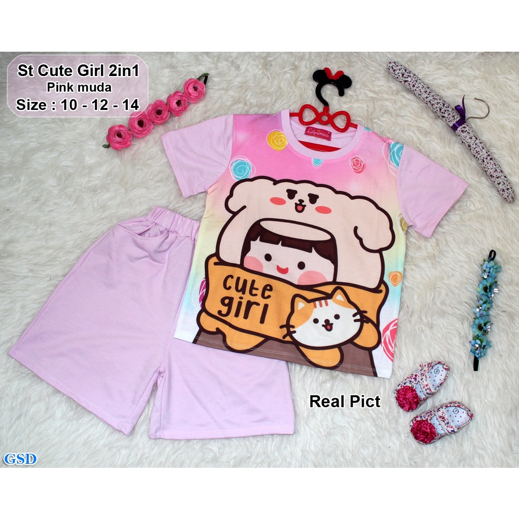 St Cute Girl 2in1/Setelan Anak Cewek/Kaos Anak Perempuan 7-9 Thn/Baju Dan Celana Murah Motif