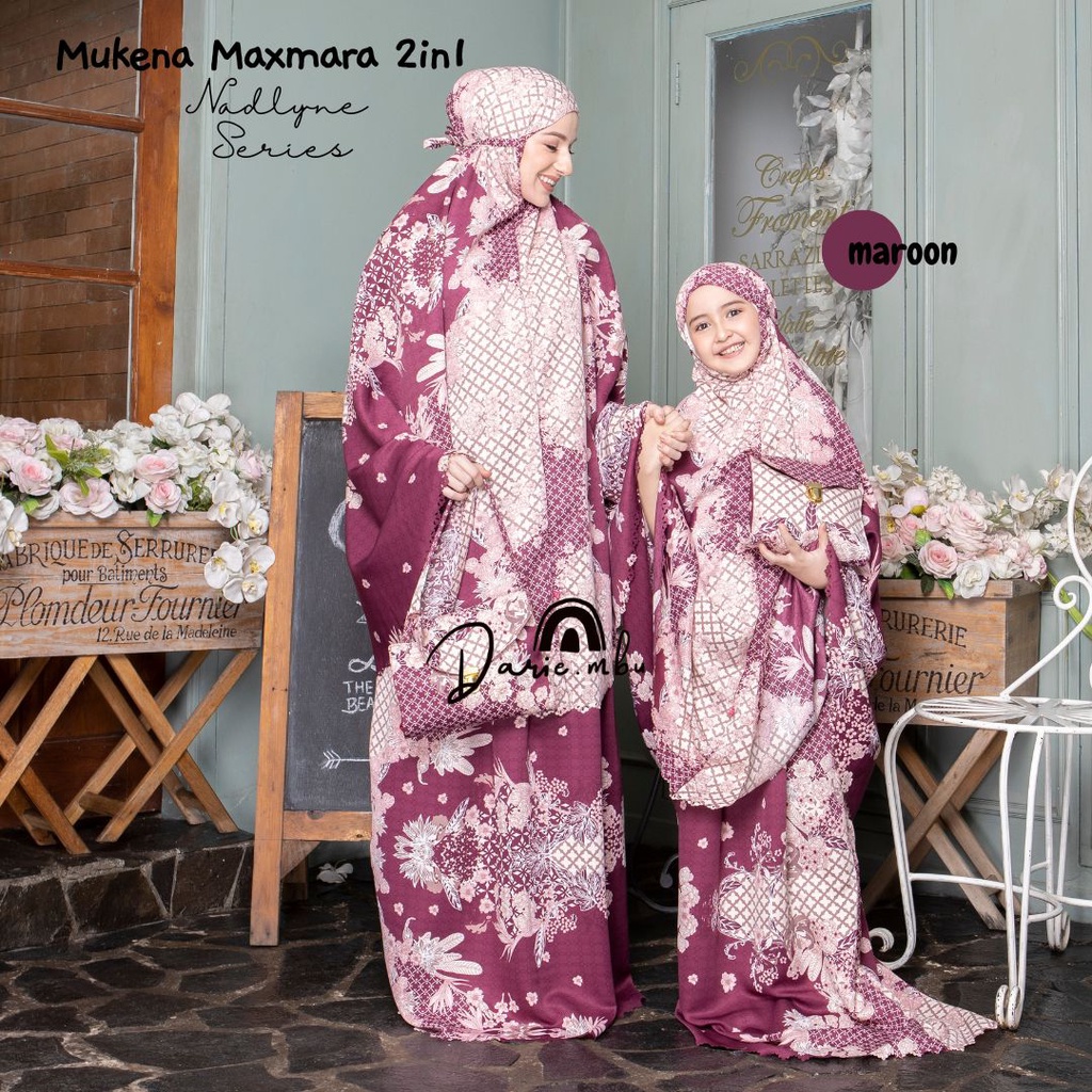 Mukena Couple Ibu dan Anak Maxmara Luxury 2in1 Printing Premiun Laser Cut Mewah Tas Sajadah