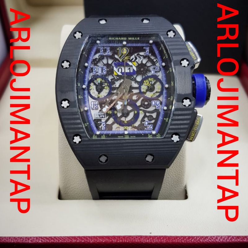 JAM TANGAN PRIA COWOK RM 011 BLACK BLUE MATIC SWISS ETA 1.1