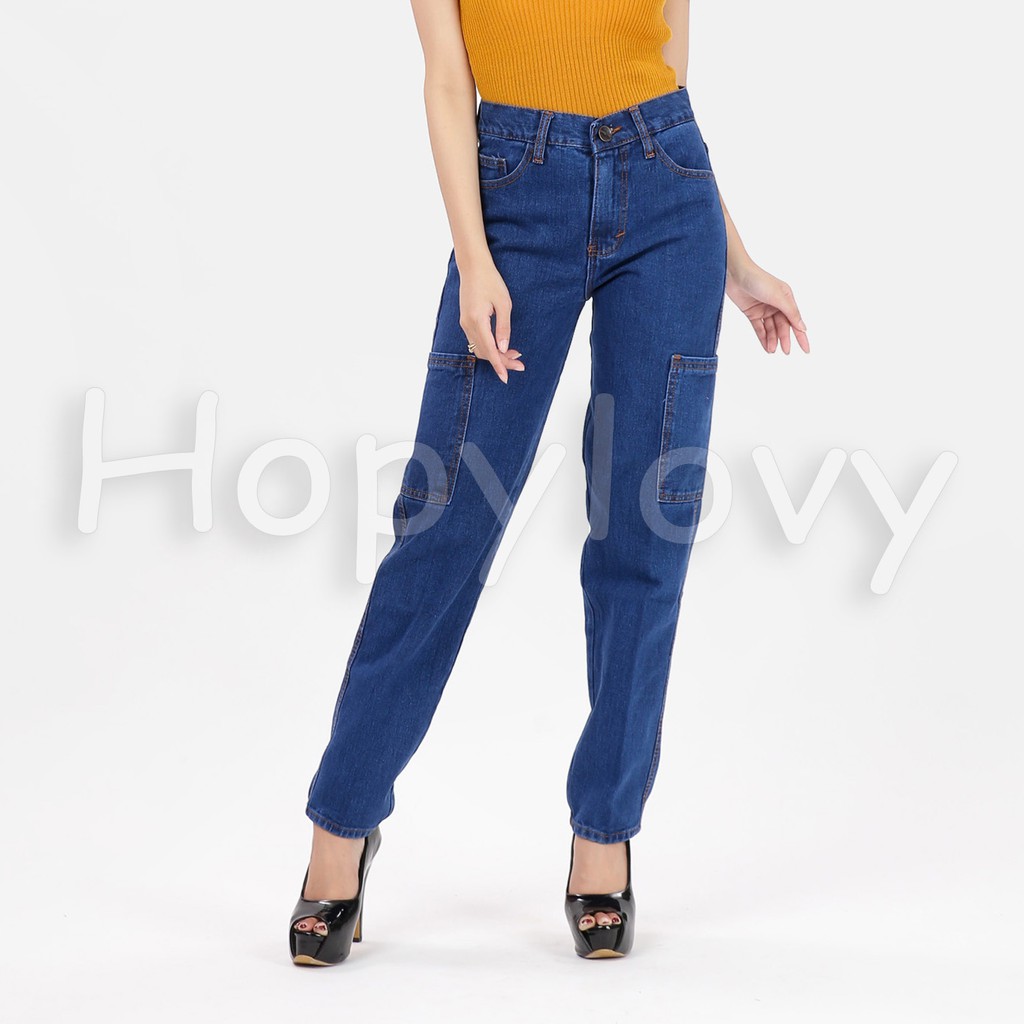 HOPYLOVY - Celana Boyfriend Jeans Wanita Kantong Samping Cargo Amaia