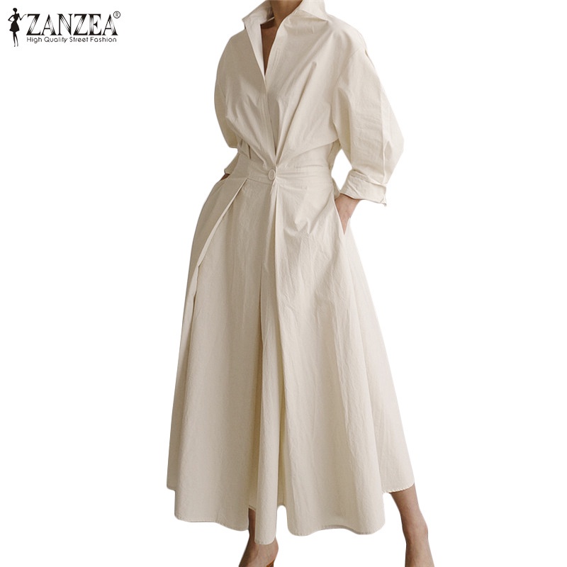 ZANZEA Women Long Sleeve Turn-Down-Collar Solid Color High Waist Casual Maxi Dress