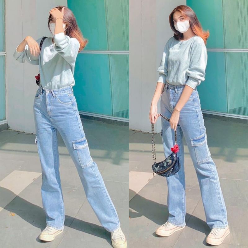 Celana Cargo Jeans Wanita Highwaist Kantong samping Loose Cargo Cream Latte Snow biru Kimpul