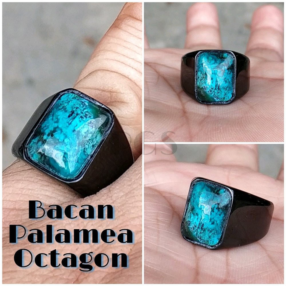 CINCIN BATU AKIK NATURAL BACAN PALAMEA OCTAGON TITANIUM HITAM MINIMALIS