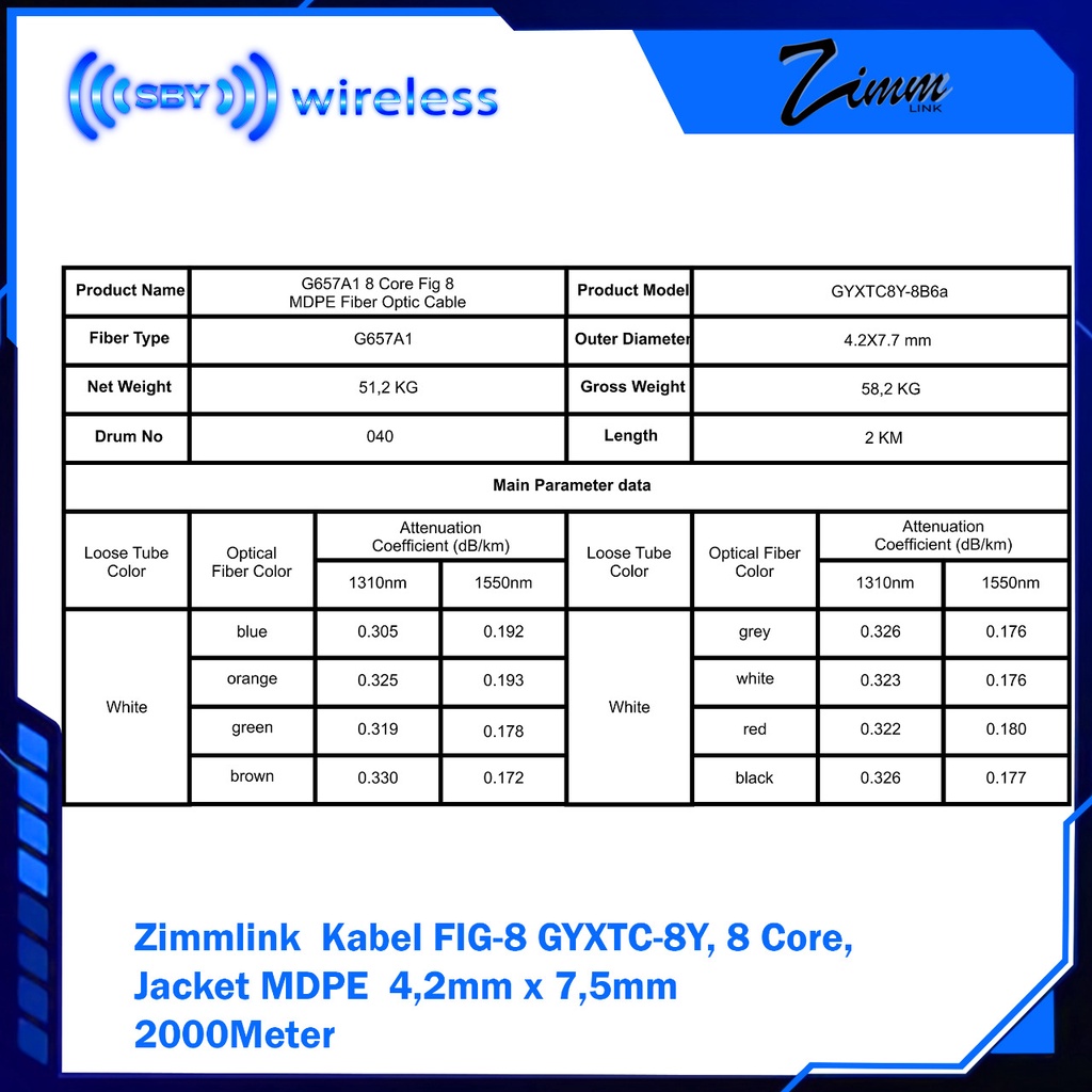 ZIMMLINK Kabel 8 Core FIG 8, GYXTC8Y G657A1 Jacket MDPE  FIG8 Fiber Optic Cable 2000Meter