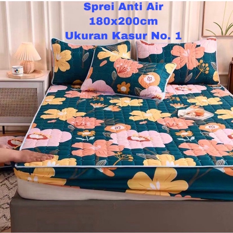 SPREI WATERPROOF UKURAN 180X200X25cm / SPREI ANTI AIR-HIJAU FLOWER