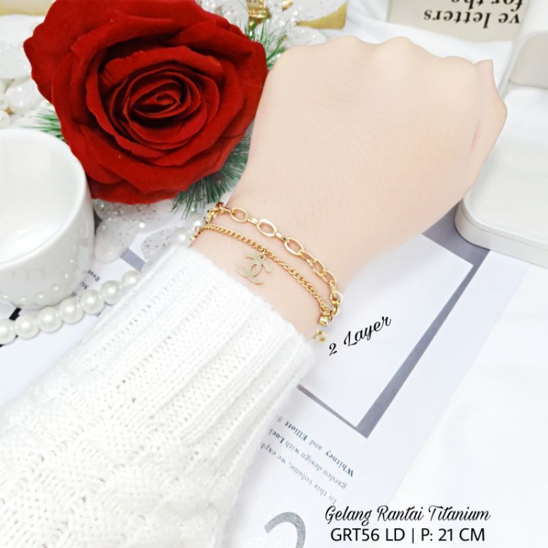 GELANG TITANIUM 2LAYER WANITA - GELANG RANTAI TITANIUM GOLD BRAND CHANEL 2LAYERS WAENA GOLD CANTIK -