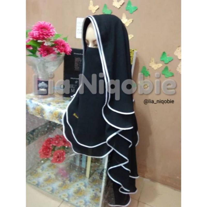 Niqob Veil 2 layer hitam Lis putih ORI Lia Niqobie