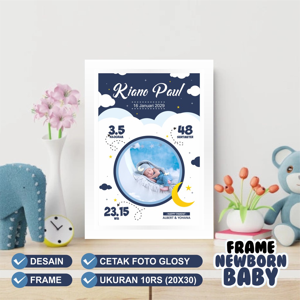 Biodata Kelahiran Bayi  Cetak Paper Glosy + Bingkai Foto Frame 002