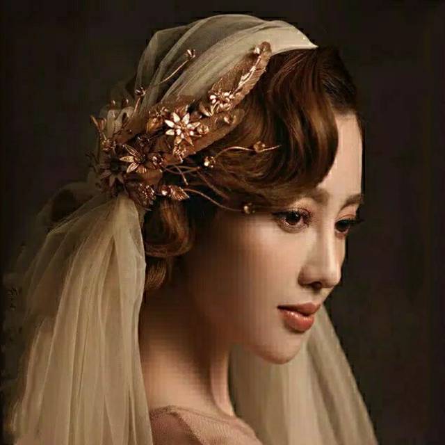Sepasang Jepit Rambut Daun Emas Earclip Earcuff Gold Leaves Feather Hairclip Headpiece