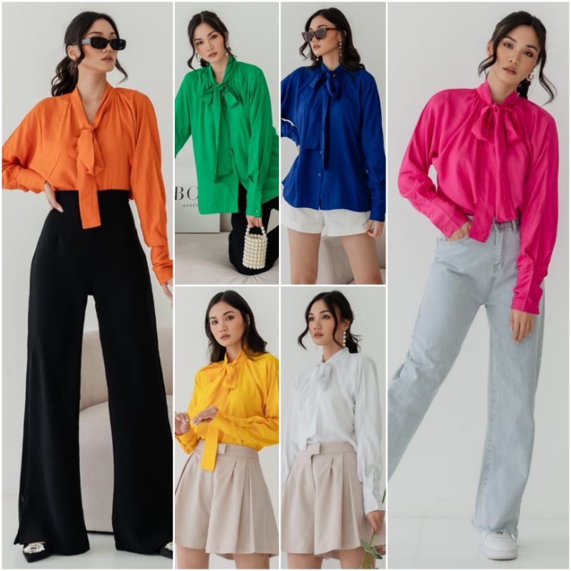 ⚡️CLEARANCE SALE ♡ PREMIUM ♡ ORIGINAL ! CATNISS BIG SIZE LONG SLEEVE NECK TIED PLAIN BUTTON SHIRT / ATASAN KEMEJA LENGAN PANJANG POLOS JUMBO ADEM ( BUSUI FRIENDLY )