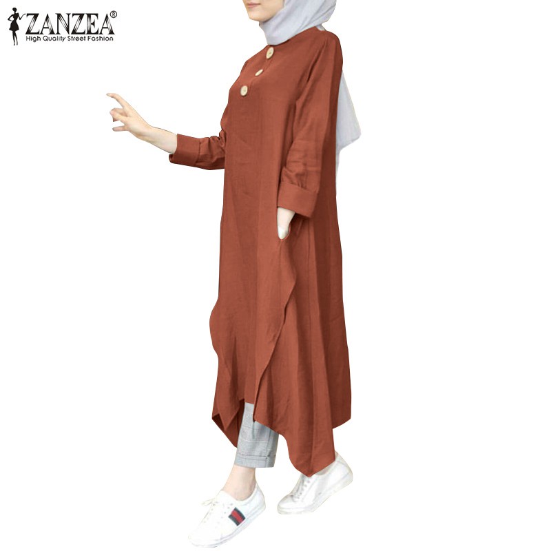 ZANZEA Women Decorative Button Front O-Neck Irregular Hem Muslim Dress