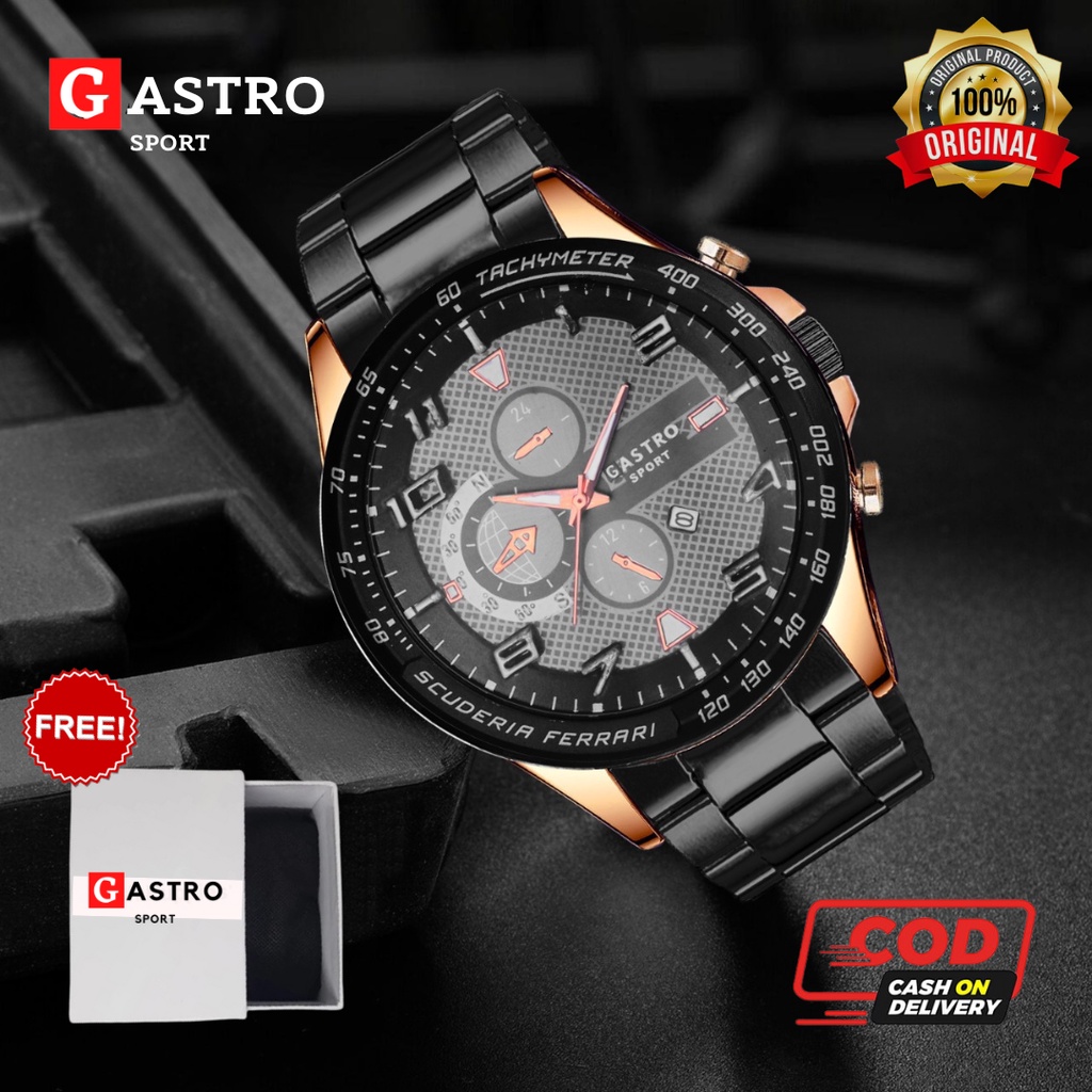 Jam Tangan Gastro Sport Pria Tali Stainless Tanggal Aktif Free Box