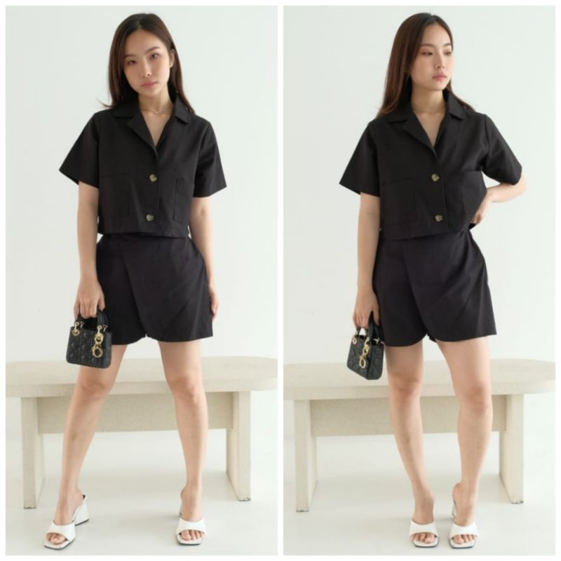 ❣️ SPECIAL PRICE ♡ PREMIUM ♡ ORIGINAL ! KIARRA 2 IN 1 SET BUTTON POCKET COLLAR SHIRT WITH SHORT  SKORT / SETELAN KEMEJA &amp; CELANA ROK  ( BUSUI FRIENDLY )