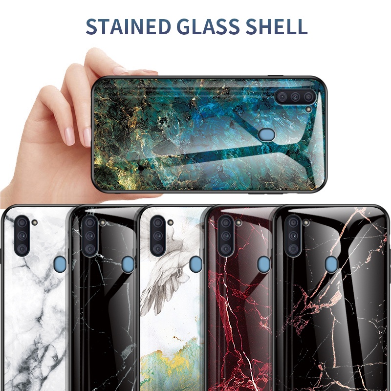 Samsung Galaxy A12 A11 A31 A32 A51 A52 A71 A72 Marble Tempered Glass Back Shockproof Phone Case with Soft Silicone Edge