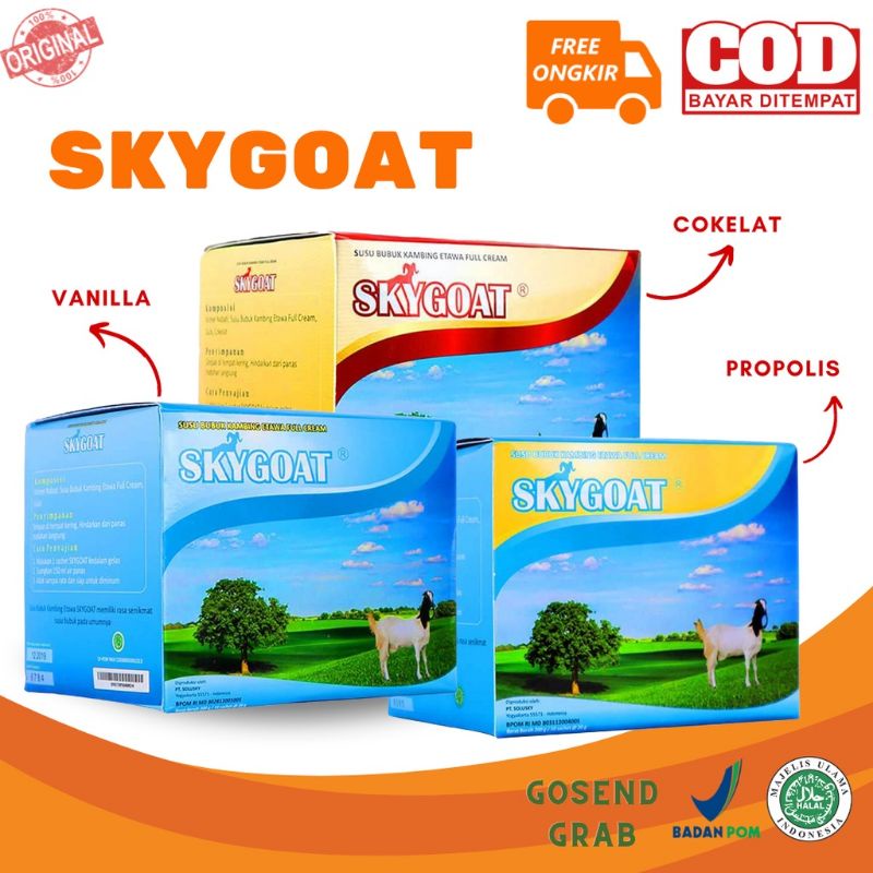 

Skygoat susu kambing etawa rasa original ,cokelat dan propolis kemasan 200 gram isi 10 sachet