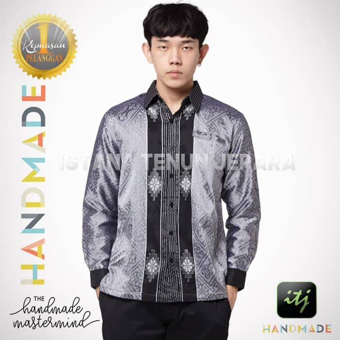 Kemeja Batik Pria Mewah Baju Tenun Baron Silver Premium Sulam