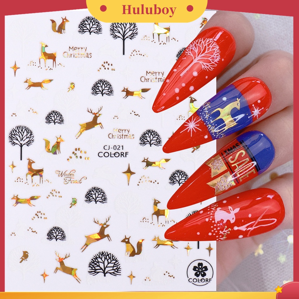 Huluboy Huluboy♡ 3pcs / Set Stiker Kuku 3D Motif Natal Warna-Warni Untuk Manicure