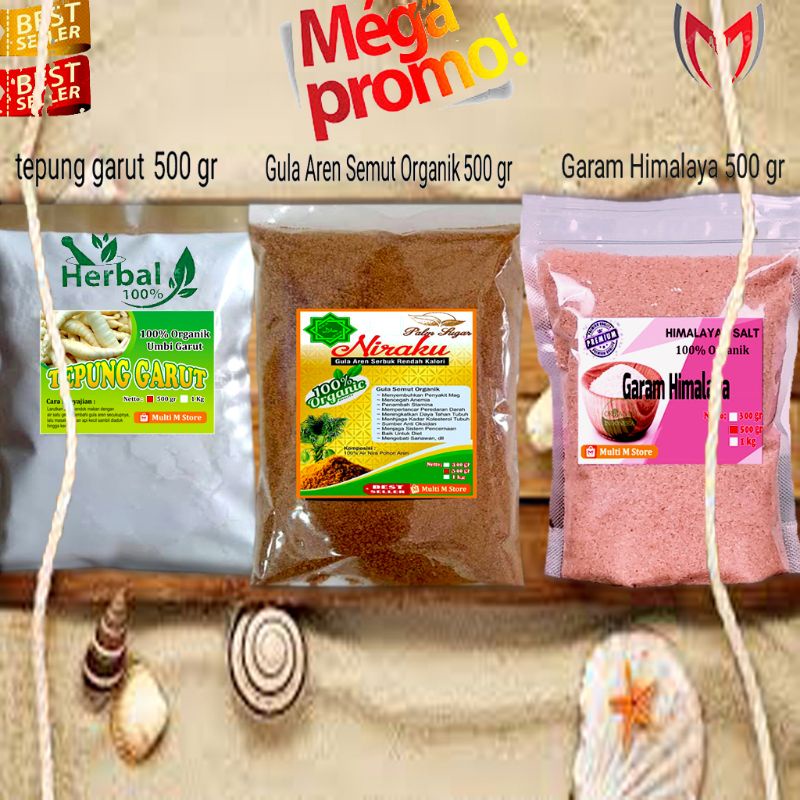 

PAKET Garam Himalaya 500 Gram | Tepung Garut 500 Gram | Gula Aren Semut 500 Gram