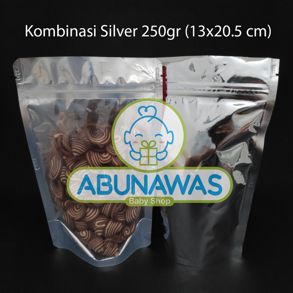 Standing Pouch Kombinasi Silver 13x20,5 250gr/ Transmetz 250gr / Plastik Klip Berdiri Ziplock Zipper