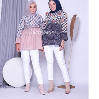  SALE DHITA PEPLUM  NAVY BLOUSE BATIK  SOLO BATIK  KANTOR 