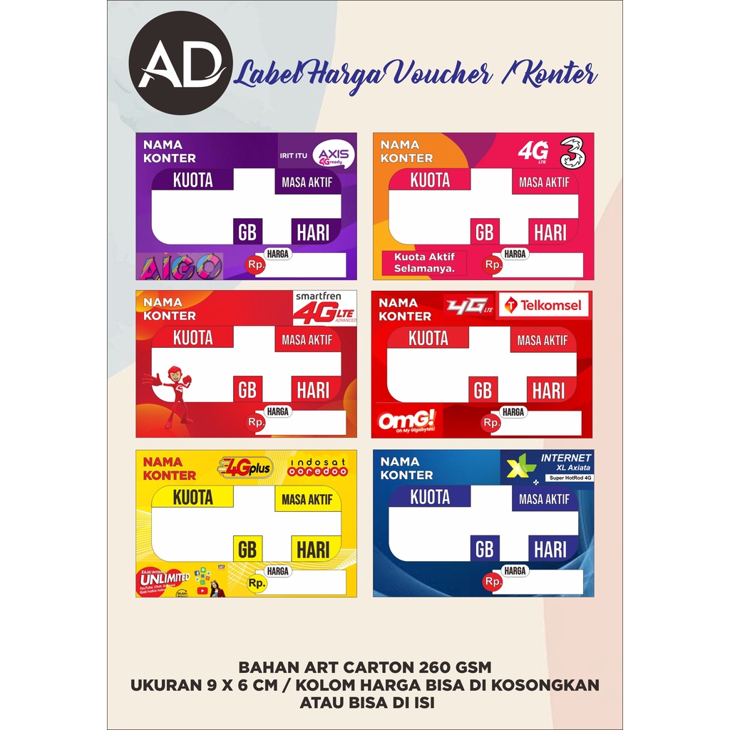 Label Harga Voucher Konter / Display Harga Etalase Konter (Minimal 25 Pcs)