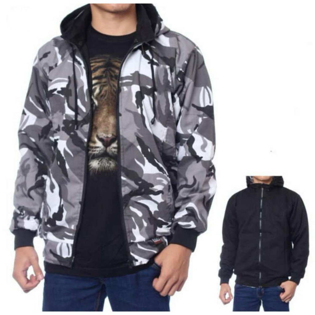 BY JAKET BB 2IN1 CANVAS FLEECE LORENG-HITAM PRIA