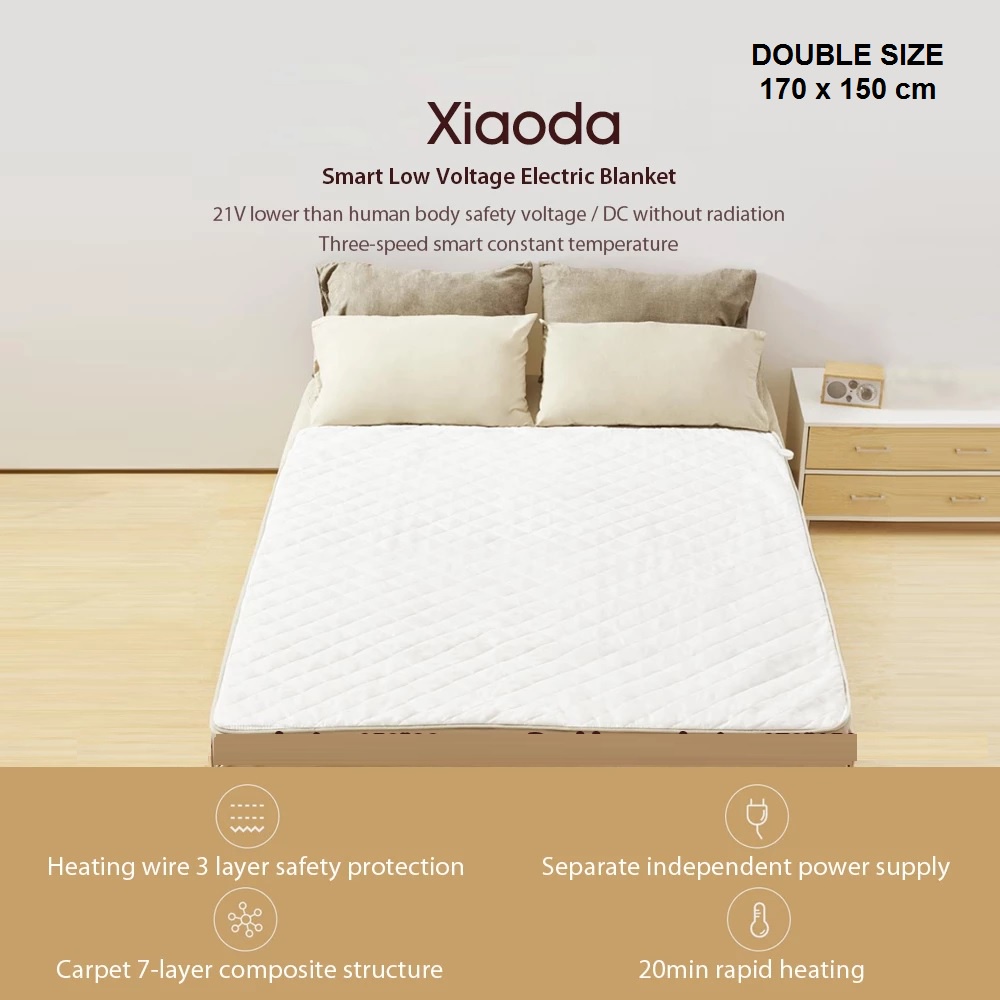 XIAODA Intelligent Electric Blanket Low-Voltage - Double Size 170x150CM - HDZNDRT04-120W - Selimut Penghangat Ukuran 170CM x 150CM