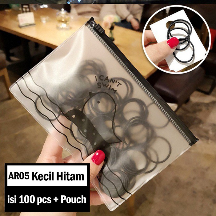 Ikat Rambut Karet Polos Elastis Gaya Korea Wanita / Karet Rambut / Karet Gelang Kucir isi 100pc MCO - AR05-Hitam Kecil