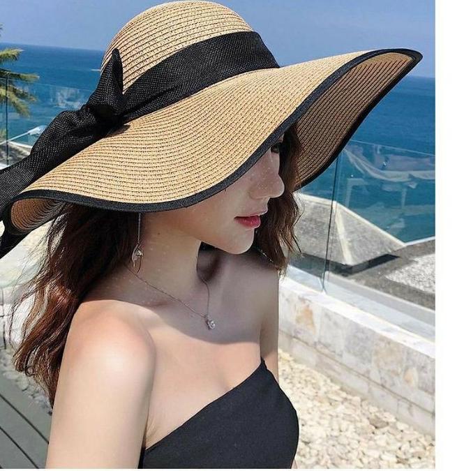 ♗ Topi pantai lebar list hitam PL3 / Topi pantai lebar / Topi pantai dewasa ♪