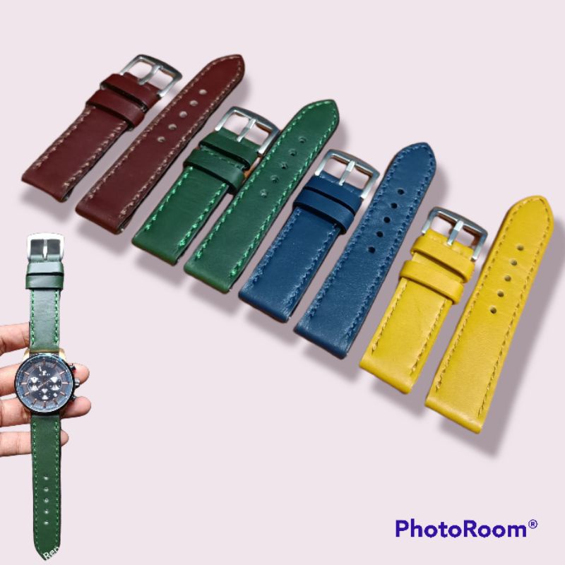 strap jam tangan kulit sapi original lokal kuning hijau biru maron ukuran 22mm dan 24 mm