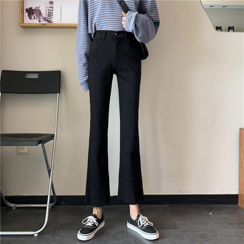 yikoo-Celana Panjang Hitam Korea Jeans Flare Wanita