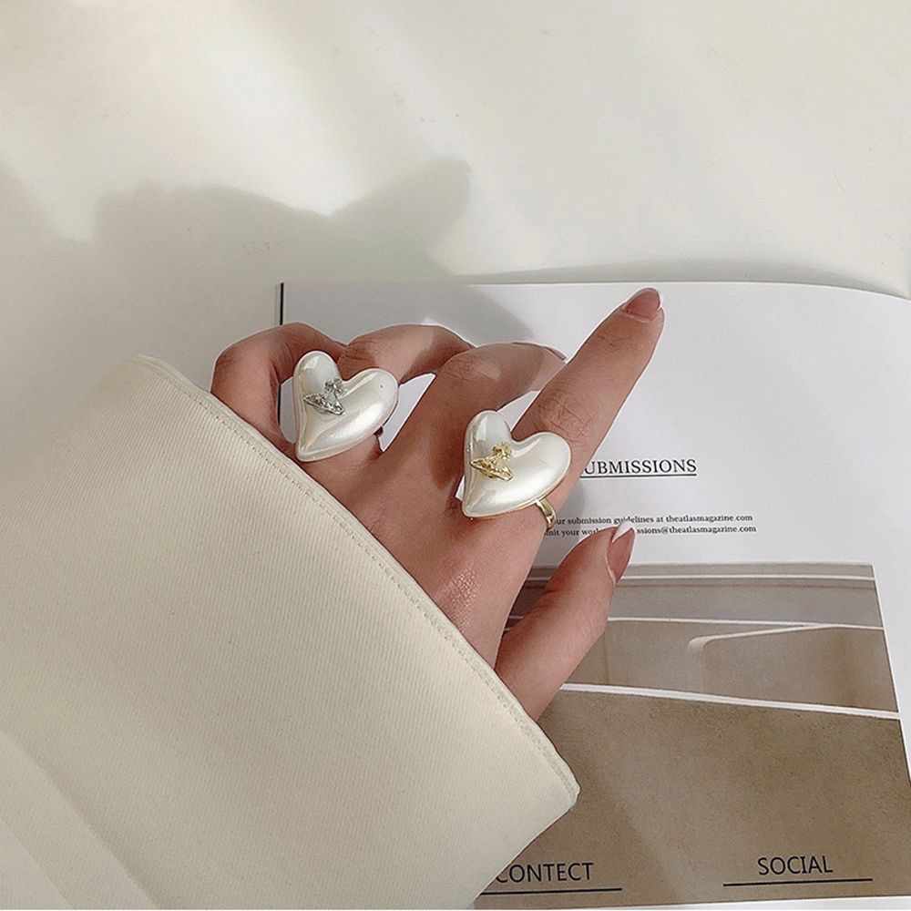 Needway  Vintage Pearl Rings Romantic Korean Style Women Rings Gold Color Love Heart Pearl Silver Color Saturn Planet Adjustable Ins Open Rings/Multicolor