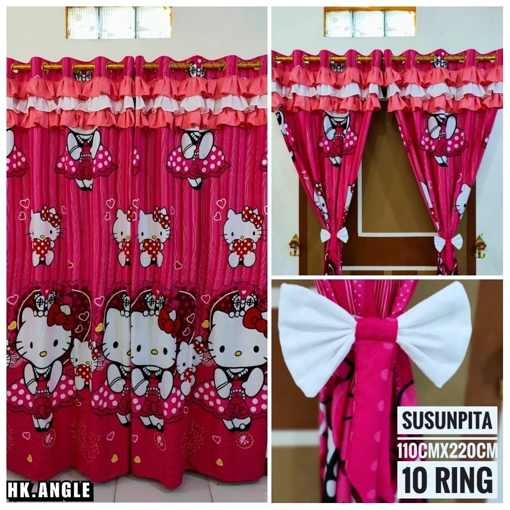Gorden Smokring Rumbai Susun Pita Korden Pintu Korden Jendela Motif Hello Kitty Pink