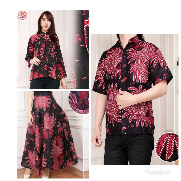 Couple Atasan Blouse Batik Auma Rok Payung Maxi Wanita dan Kemeja Batik Pria
