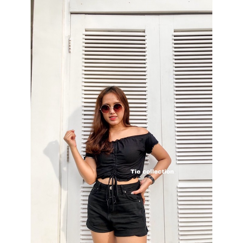 Sabrina crop top lengan pendek sabrina serut atasan lengan pendek