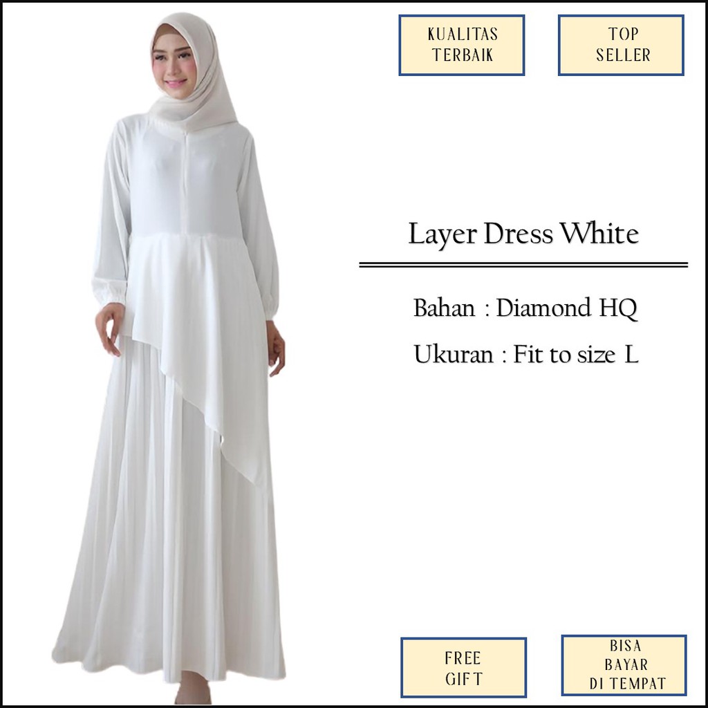Baju Gamis Syari Putih Tulang Broken White Model Layer Kombinasi Plisket Bahan Diamond Size L M1174
