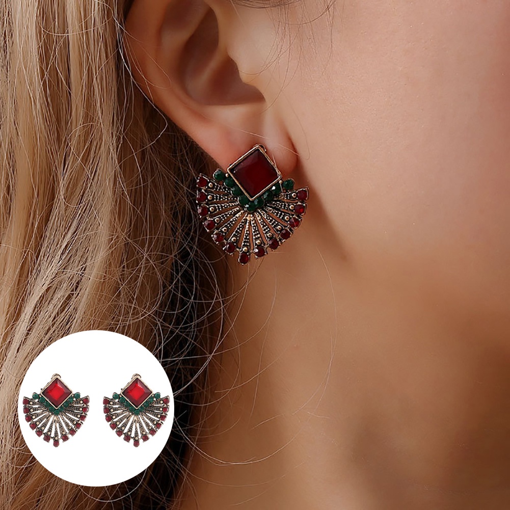 Anting Stud Berlian Imitasi Bentuk Kipas Gaya Vintage Etnik Bohemian Untuk Wanita