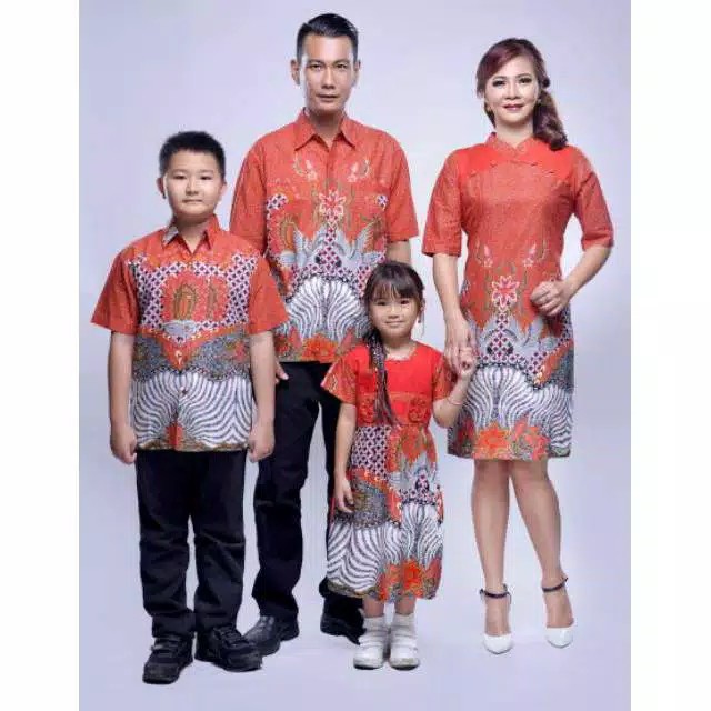 Batik Nusantara Couple Family Dress Batik Alona Pola Orange  / Sarimbit keluarga Batik Solo Murah