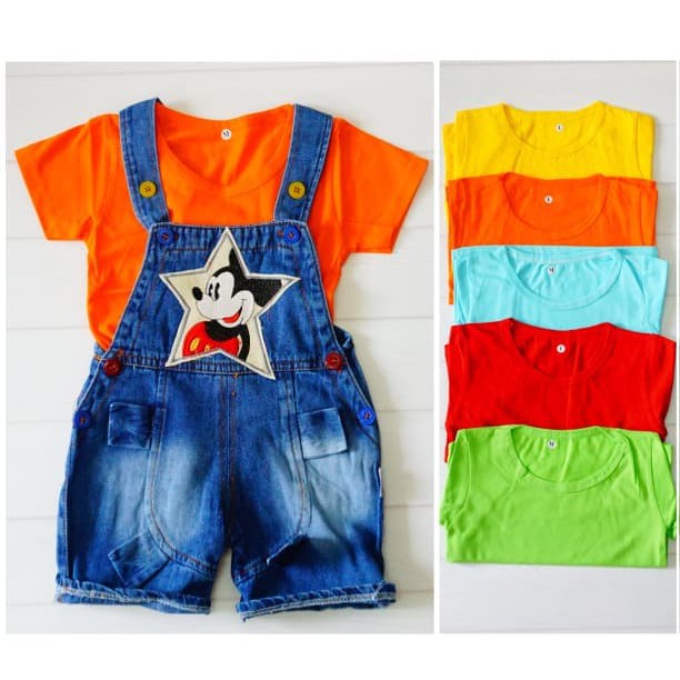 Baju anak overall jeans bayi laki mickey mouse 6 7 8 910 11 bulan 1 tahun orange biru merah  kuning
