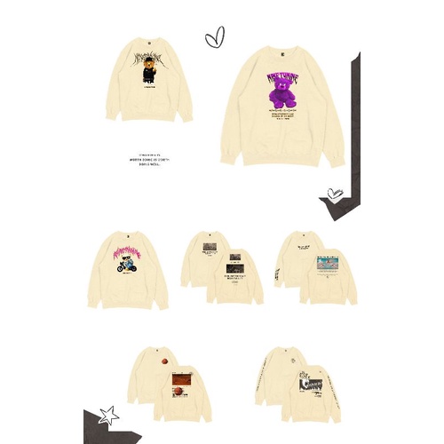 Sweater Crewneck NINETY NINE simple pria wanita CN series Cream motif Flecee tebal