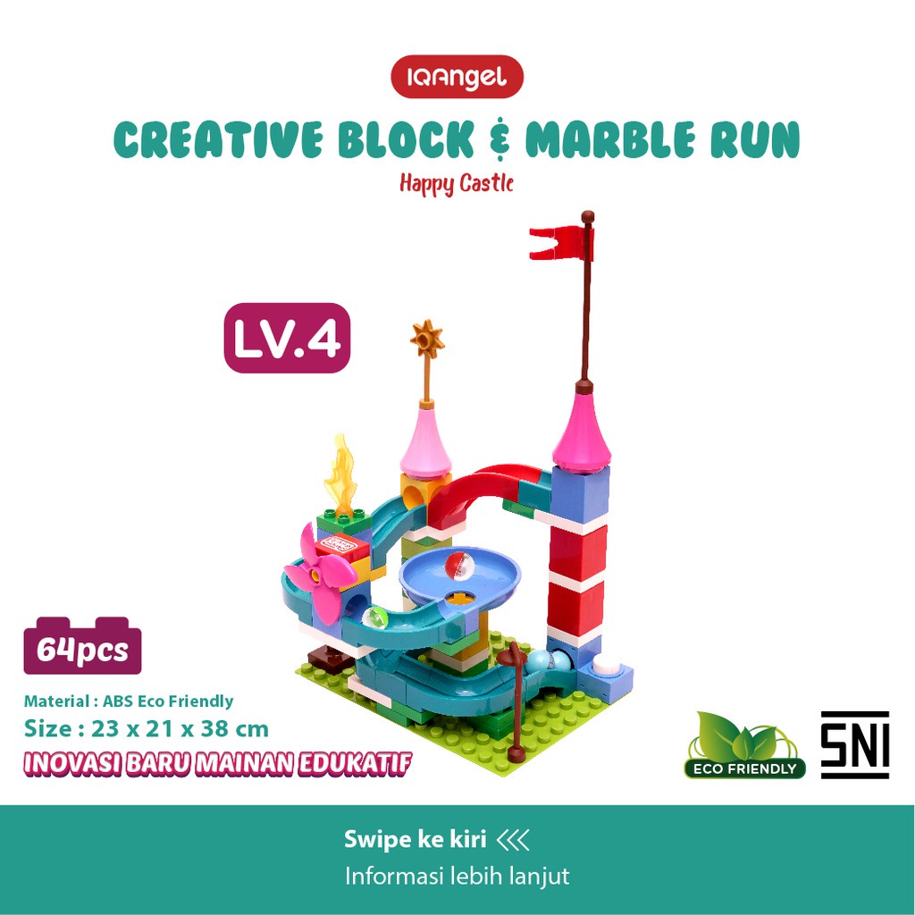 IQ Angel Creative Block &amp; Marble Run Toys Happy Castel / Lego Block / Mainan Balok Susun 64 Pcs