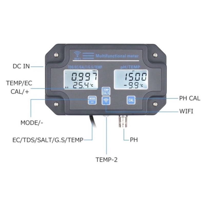 Smart WiFi Tuya 6in1 PH EC TDS Salinity S.G Temperature Meter W3988