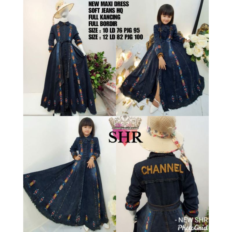 NEW SHR KIDS ORI 100% DRESS MAXI JEANS ANAK BORDIR NAVY IMPORT SYAHIRA