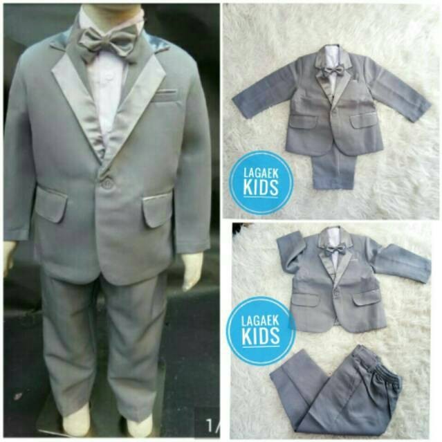 Setelan Jas Anak 4in1 Abu Silver Usia 8 9 10 11 Tahun - Setelan Formal Pesta Anak Cowok Resmi Jas Set Grey Tuxedo