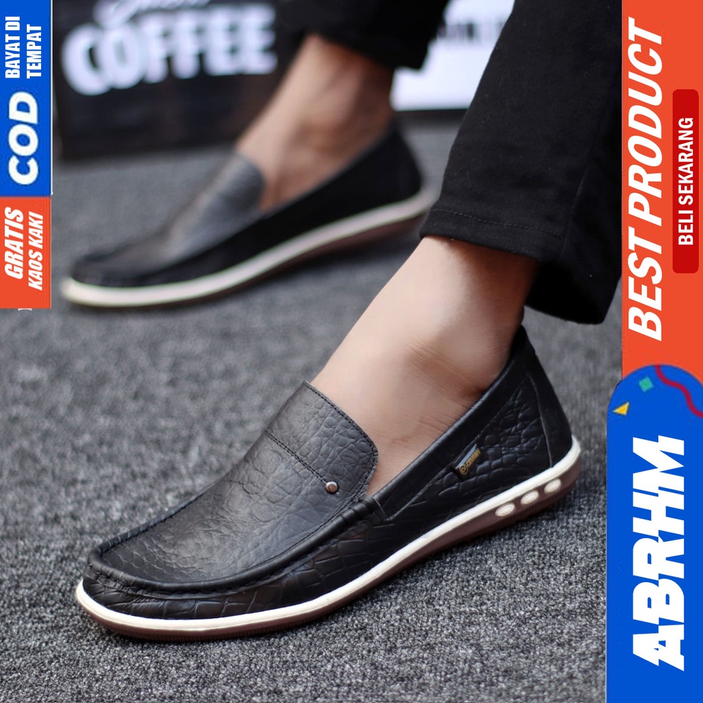 BRITANIC Sepatu Slip On Pria Kulit Asli Sepatu Pria Casual Pantofel Kulit Croco Sepatu Kasual Cowok / Cowo Kerja Kantor Kondangan Anti Slip Gaya Keren Kekinian